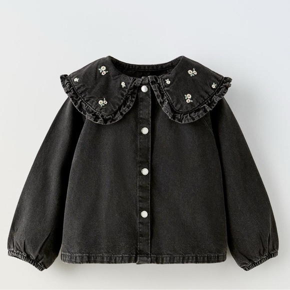 Zara Other - Zara  2-3 Girls Black Denim l/sl embroidered floral bib collar button shirt